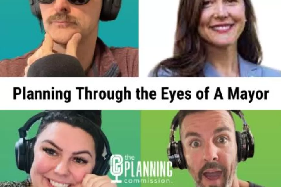 The Planning Commission podcast title card with headshots of three hosts and guest